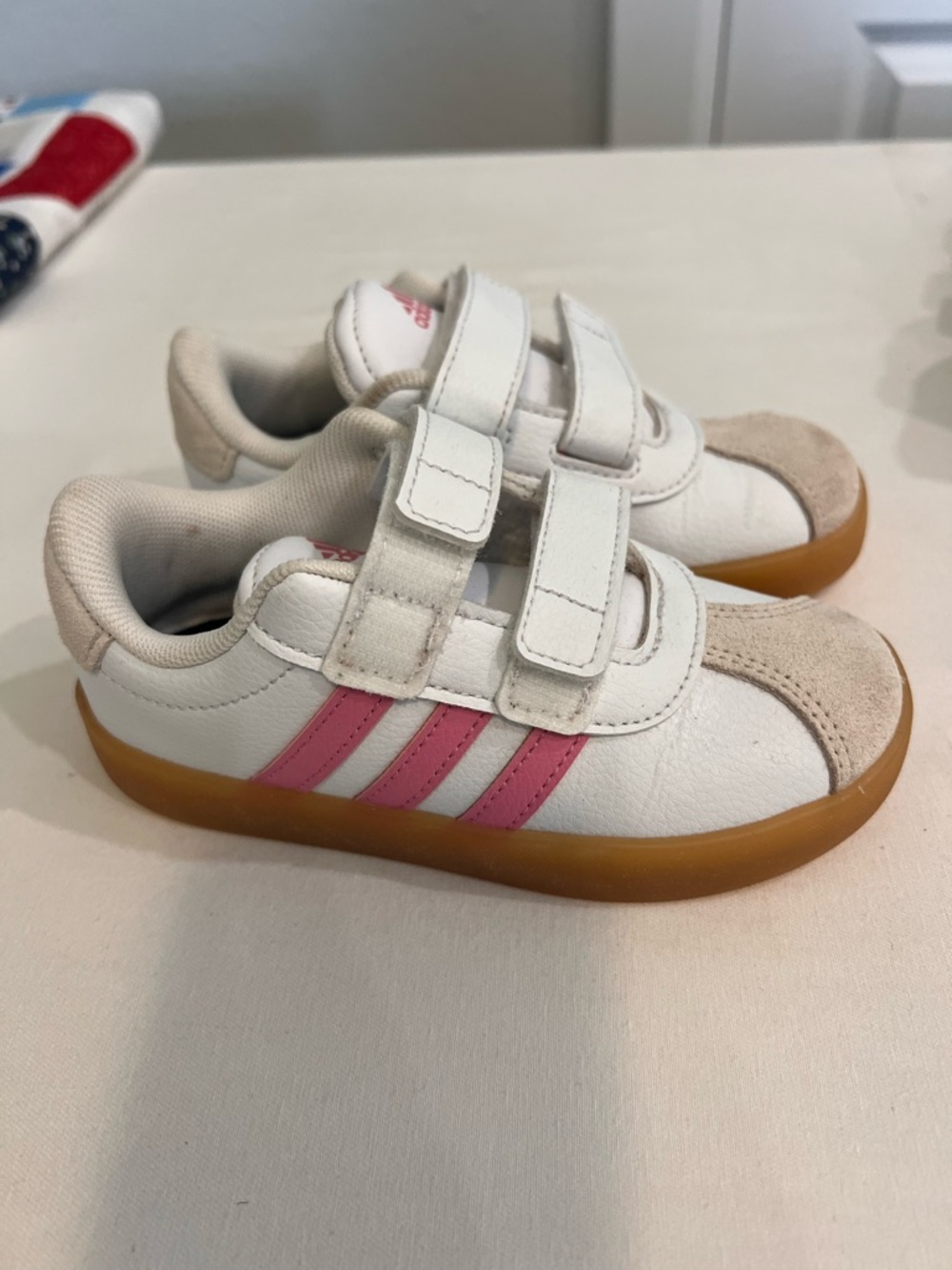 adidas White Kids Sneakers with Pink Stripes and Gum Sole - Velcro - Picture 8 of 8